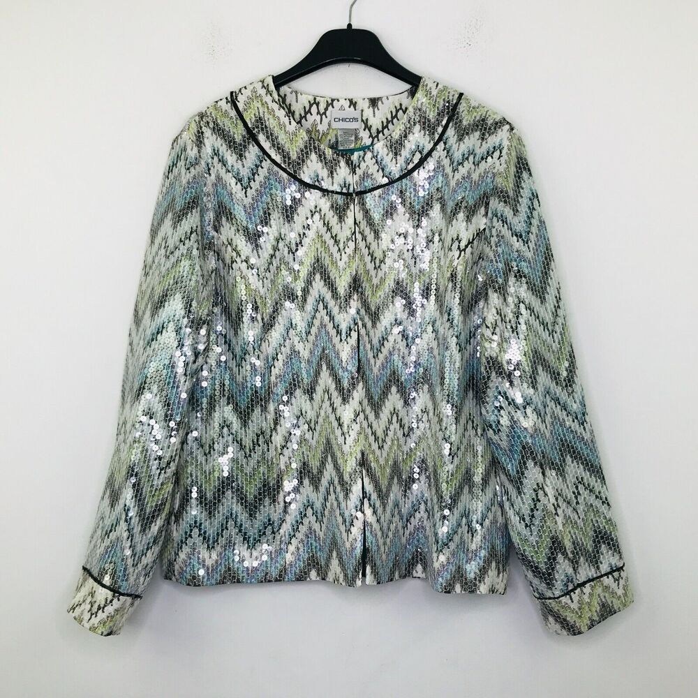 Chico's 2 Women's 12 Jacket Multicolor Seascape Ikats Meow Jewel Sequin NWT CN27